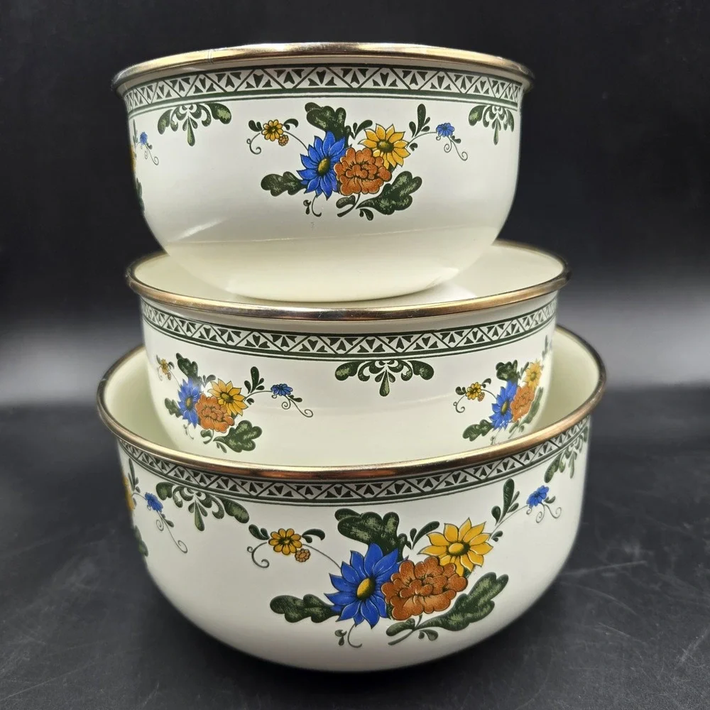 Vintage Enamel 3 Piece Flower Floral Nesting Bowl Set Metal Rim Grandmacore